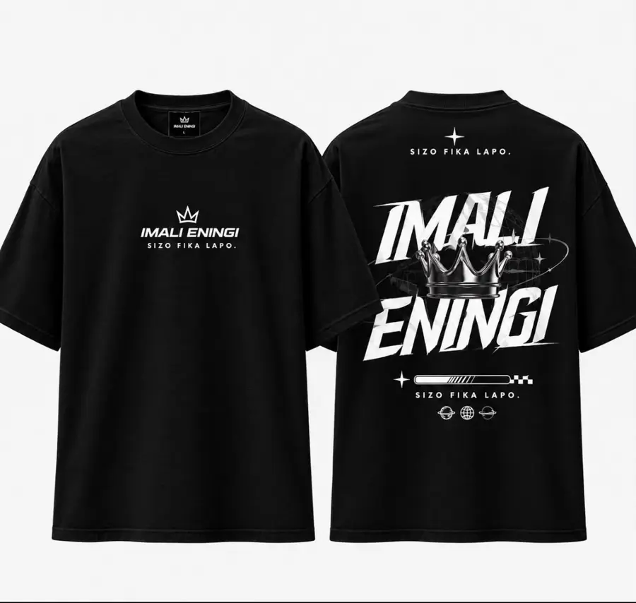 Black Imali Eningi oversized tee, front chest logo and back crown graphic shown side by side