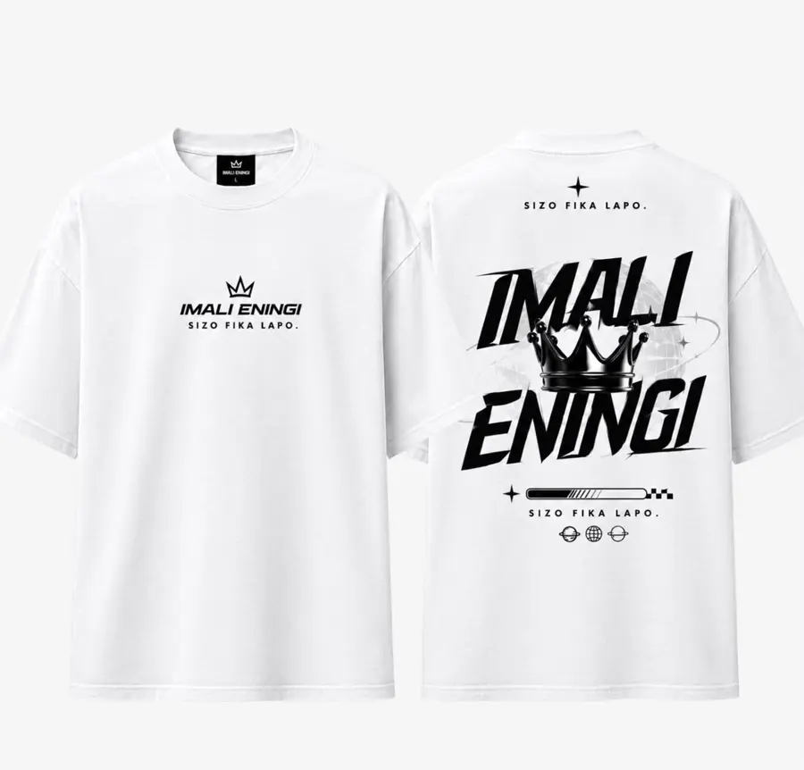 White Imali Eningi oversized tee, front chest logo and back crown graphic shown side by side