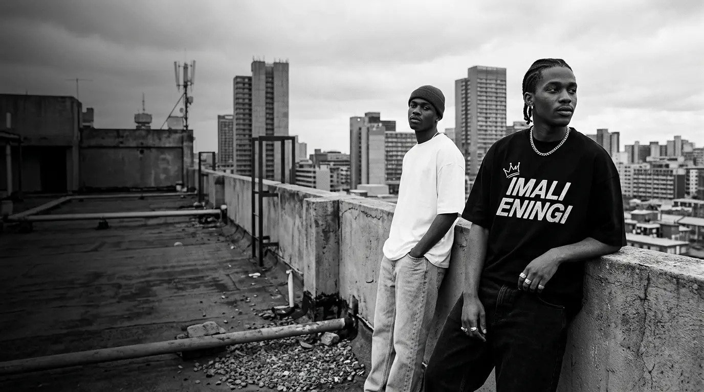 South African streetwear campaign featuring black and white Imali Eningi oversized tees